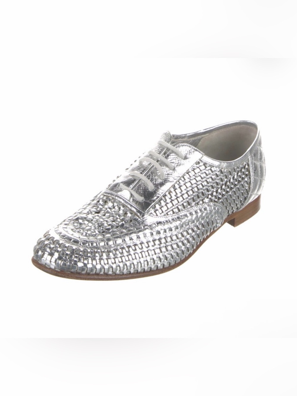 Chanel Interlocking CC Metallic Silver Woven Leather Oxford Flats